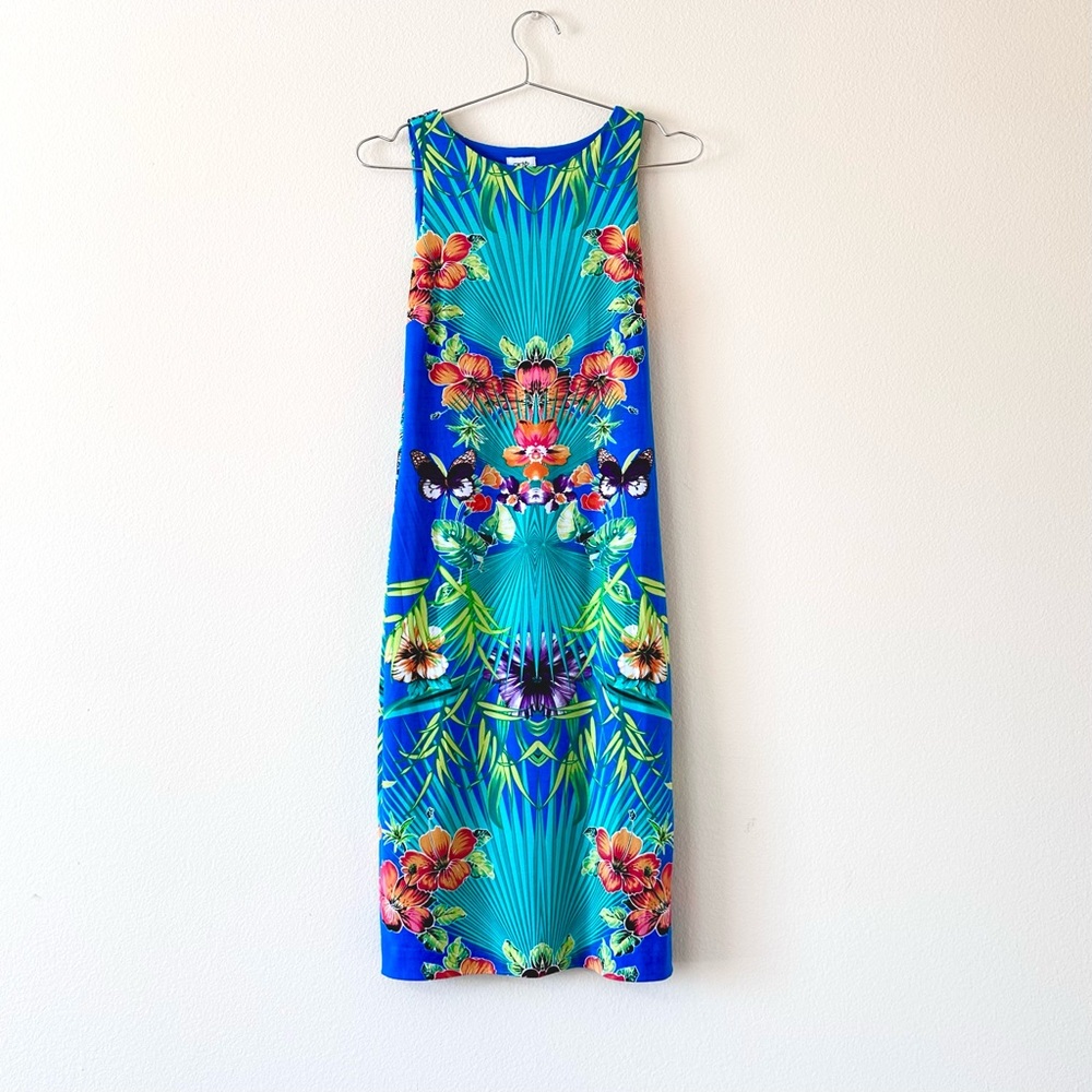 Tropical palms hibiscus butterfly print bodycon midi dress 🌺